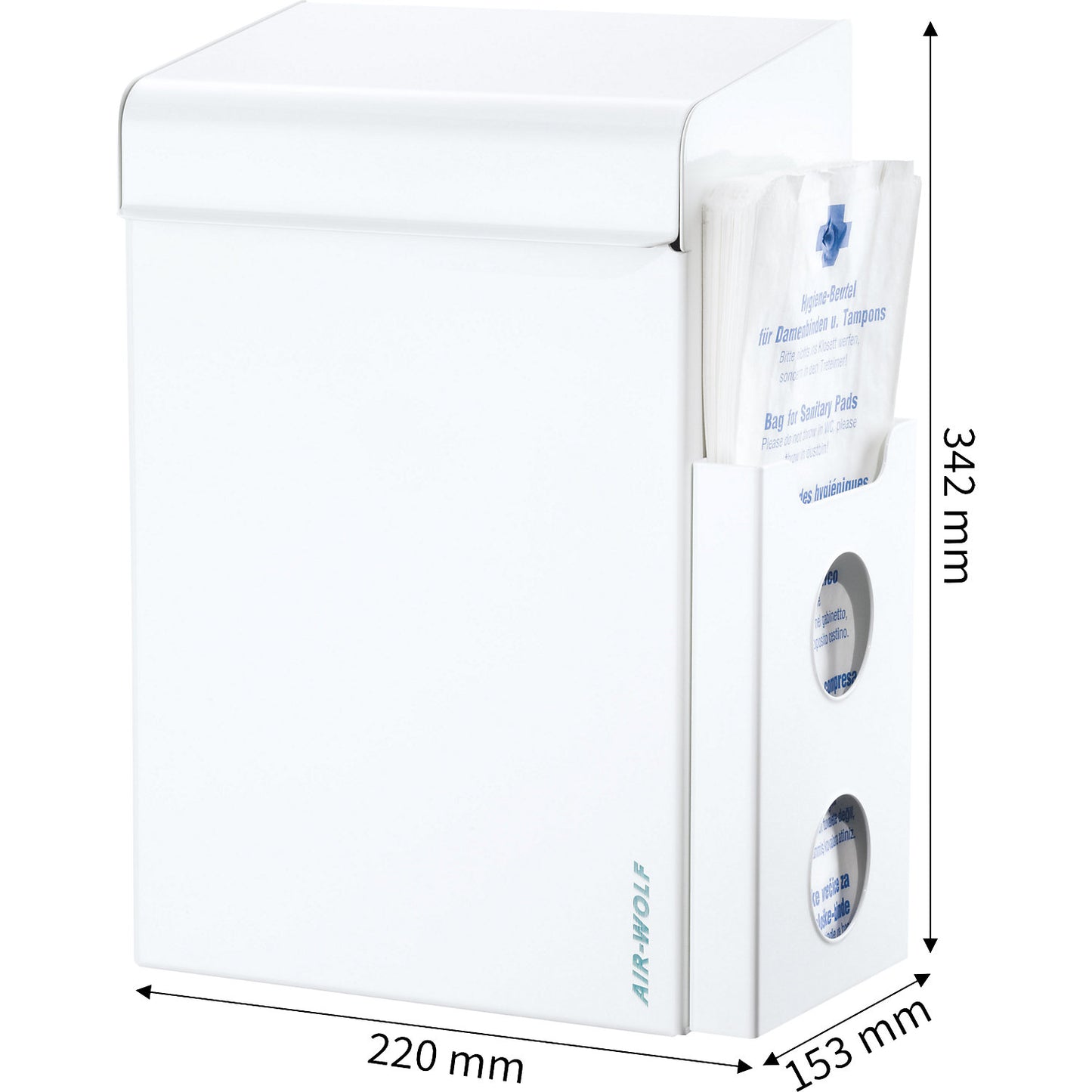 Sanitary waste collector with bag dispenser, capacity 8 l, WxHxD 220 x 342 x 153 mm, white stainless steel.