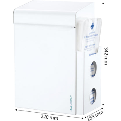 Sanitary waste collector with bag dispenser, capacity 8 l, WxHxD 220 x 342 x 153 mm, white stainless steel.