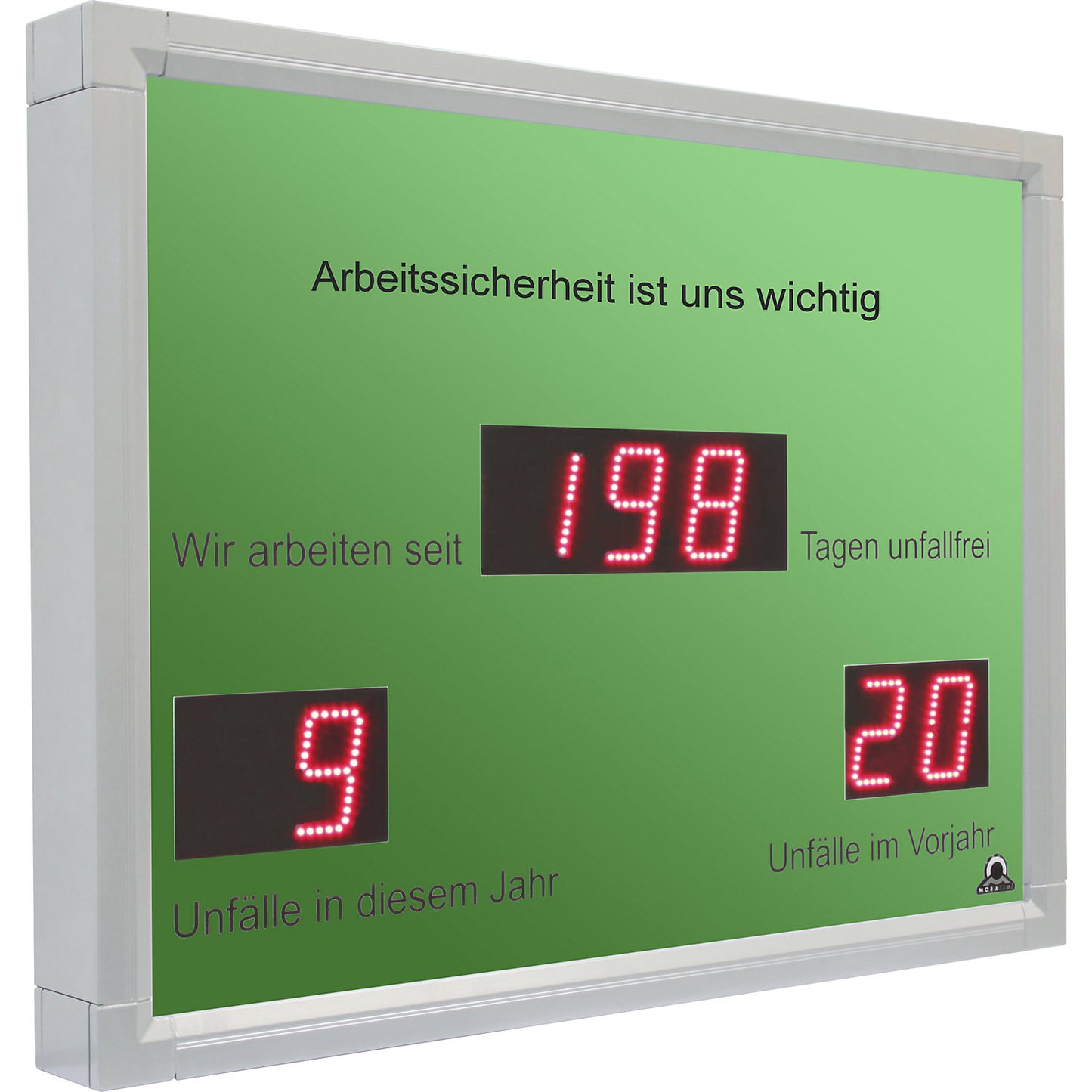 Outdoor LED display, days without an accident, HxWxD 450 x 600 x 60 mm, white aluminium.