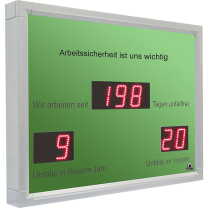 Outdoor LED display, days without an accident, HxWxD 450 x 600 x 60 mm, white aluminium.
