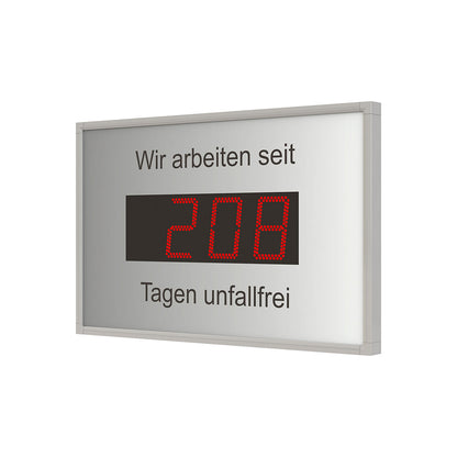 Outdoor LED display, days without an accident, HxWxD 400 x 700 x 60 mm, white aluminium.