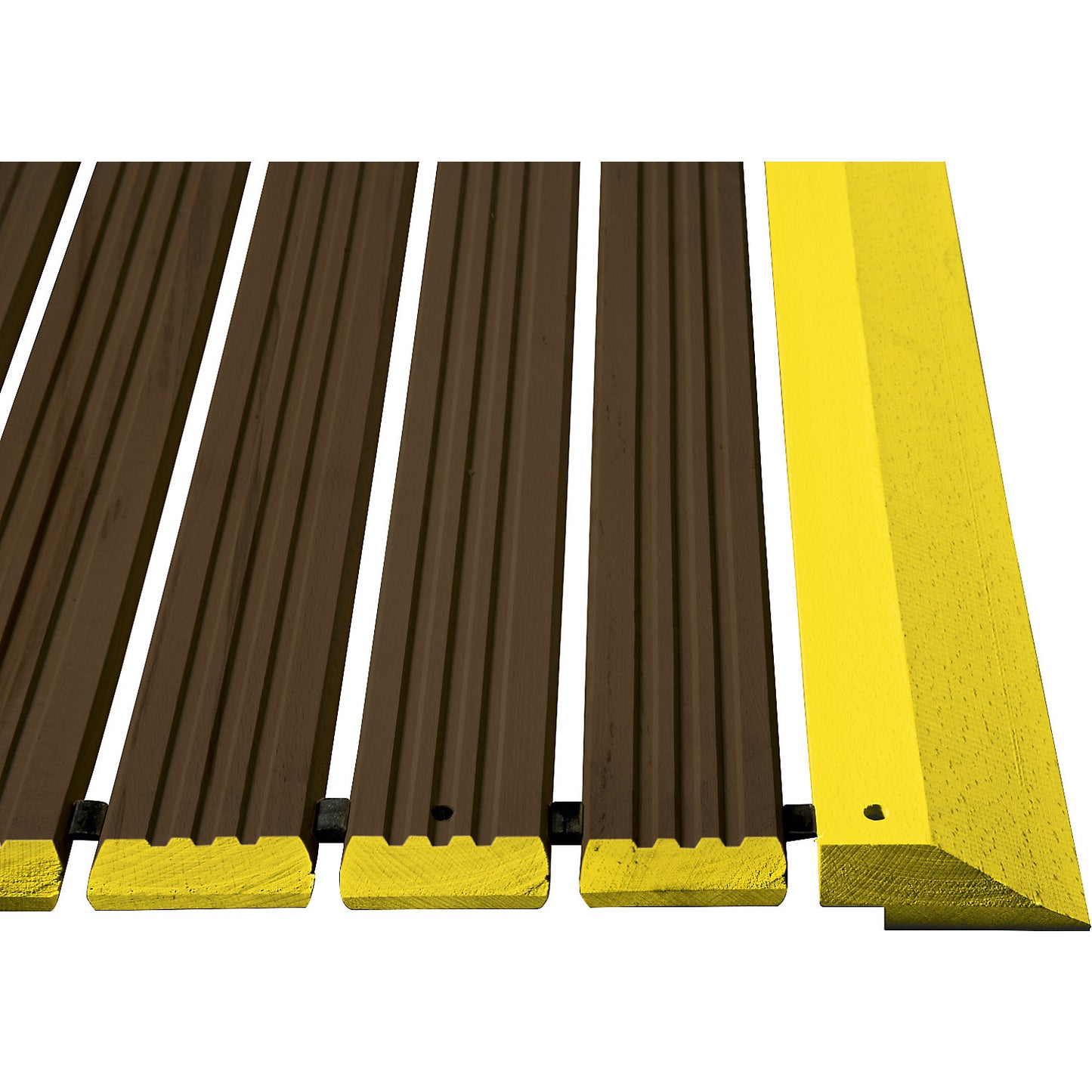Wooden safety grid Yoga, ddark stain, per metre, with bevelled edge, incl. yellow ramp edges, width 1200 mm.