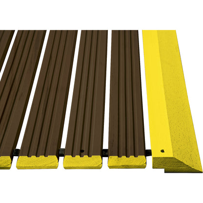 Wooden safety grid Yoga, ddark stain, per metre, with bevelled edge, incl. yellow ramp edges, width 1200 mm.
