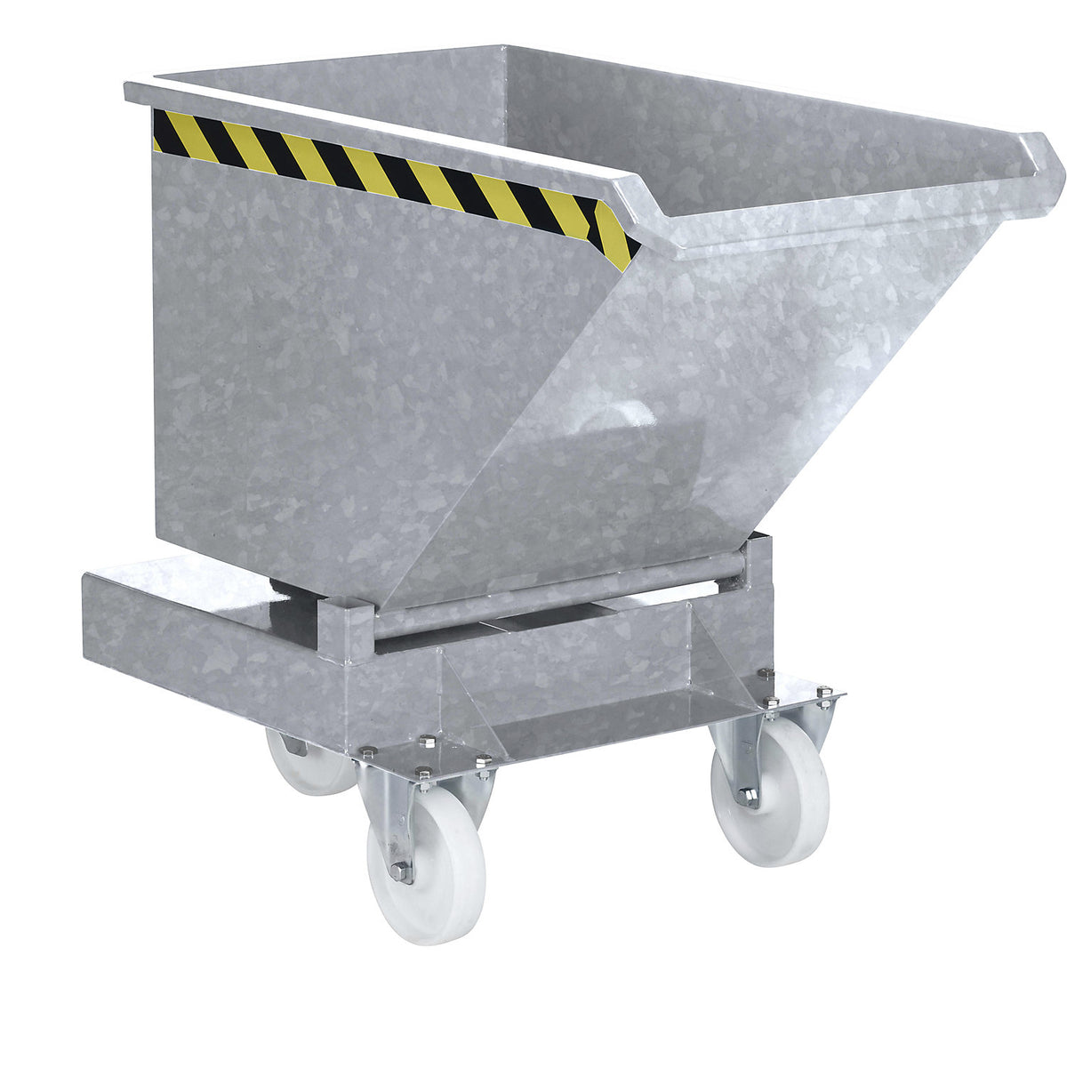 Tipping skip, with forklift pockets and wheels, capacity 0.2 m³, zinc plated.