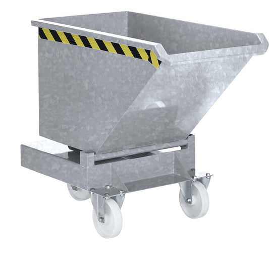 Tipping skip, with forklift pockets and wheels, capacity 0.2 m³, zinc plated.