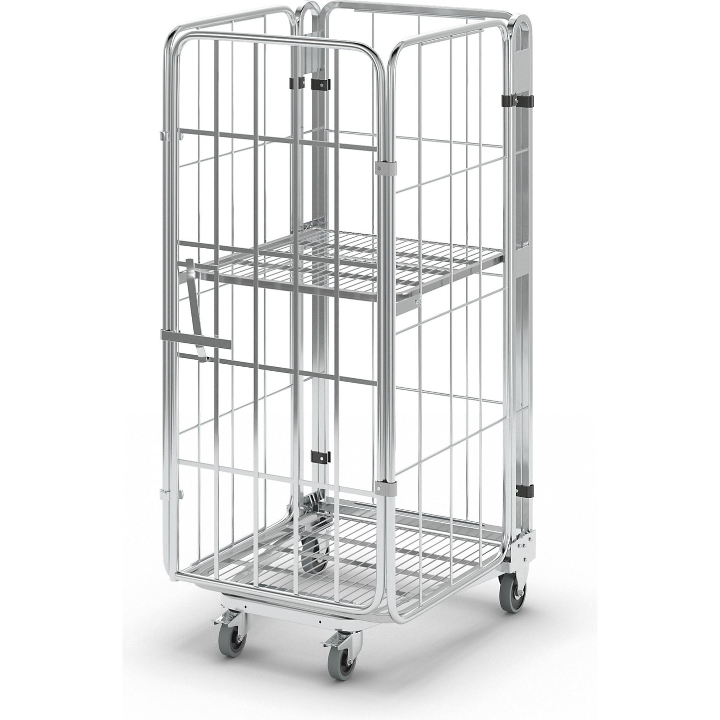 Roll container, nestable, 4-sided, with mesh shelf, HxWxD 1660 x 729 x 818 mm, with 1 shelf.