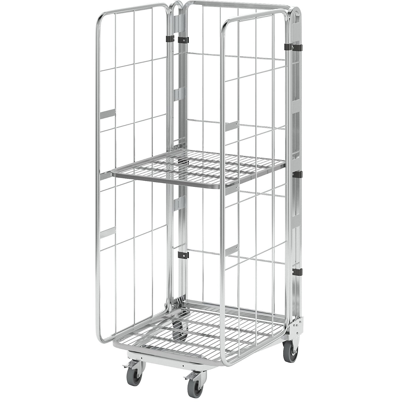 Roll container, nestable, 3-sided, with mesh shelf, HxWxD 1770 x 729 x 818 mm, with 1 shelf.