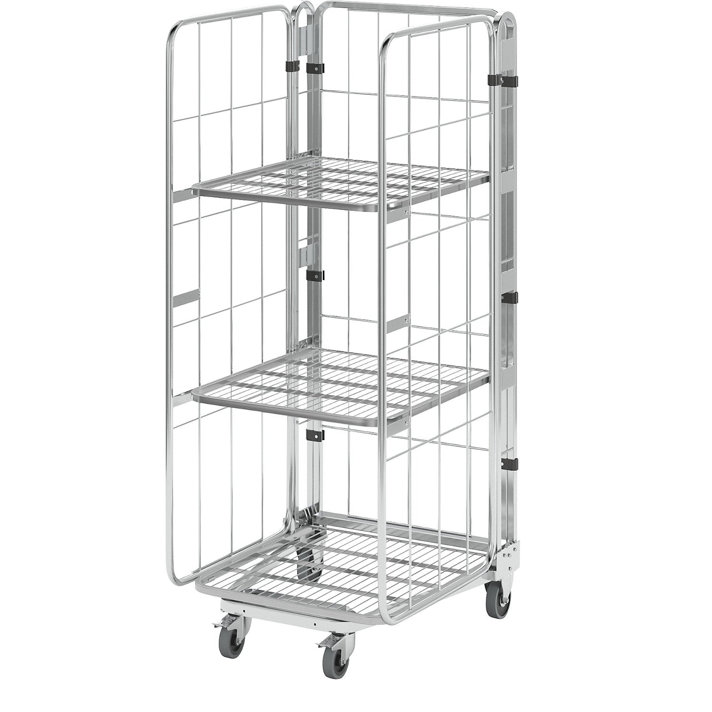 Roll container, nestable, 3-sided, with mesh shelf, HxWxD 1770 x 729 x 818 mm, with 2 shelves.