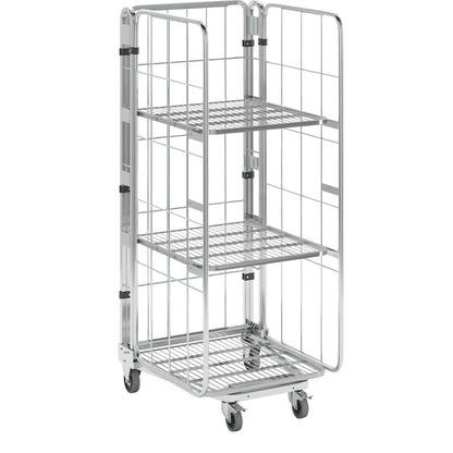 Roll container, nestable, 3-sided, with mesh shelf, HxWxD 1770 x 729 x 818 mm, with 2 shelves.