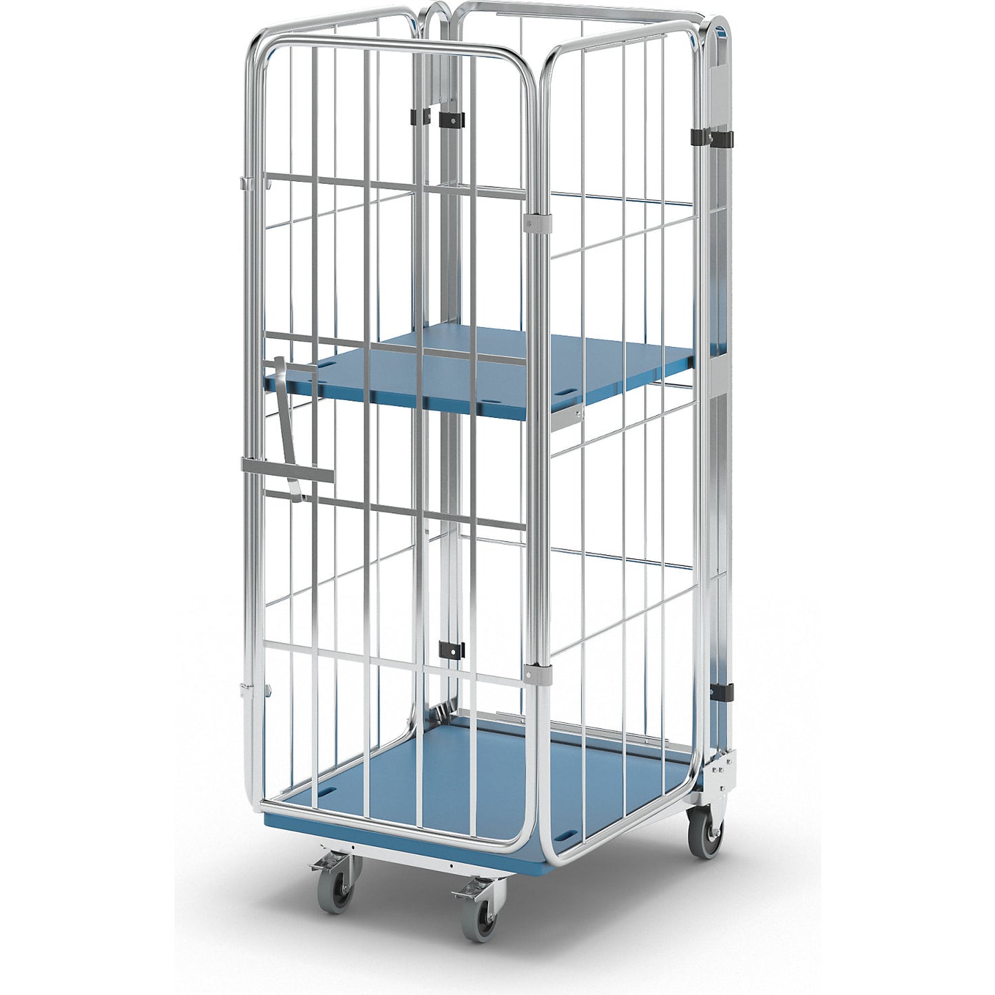 Roll container, nestable, 4-sided, with plastic base, HxWxD 1770 x 729 x 818 mm, with 1 shelf.