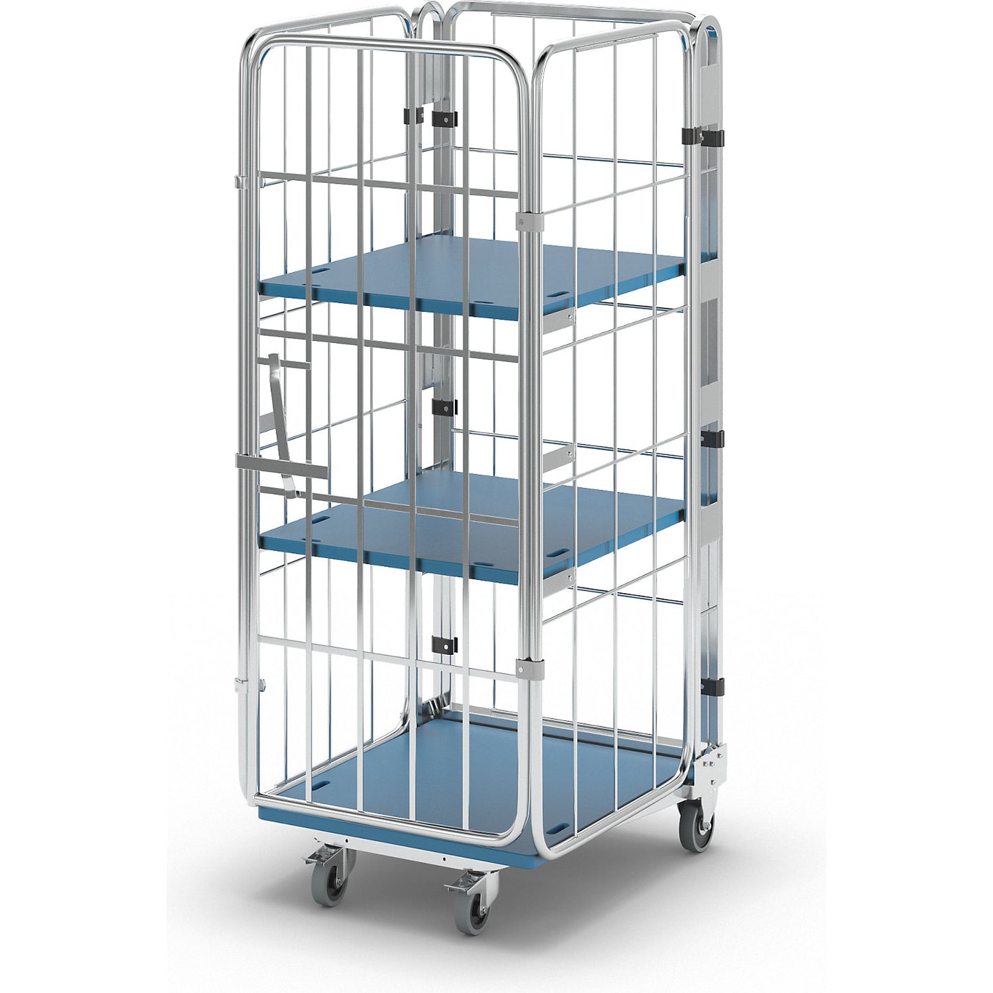 Roll container, nestable, 4-sided, with plastic base, HxWxD 1770 x 729 x 818 mm, with 2 shelves.