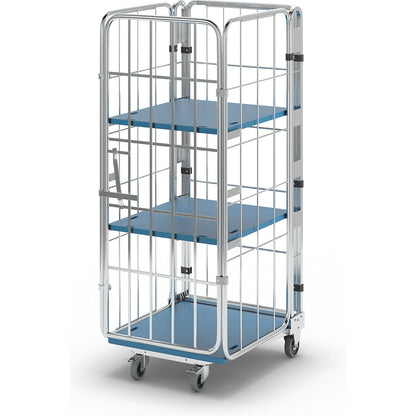 Roll container, nestable, 4-sided, with plastic base, HxWxD 1770 x 729 x 818 mm, with 2 shelves.