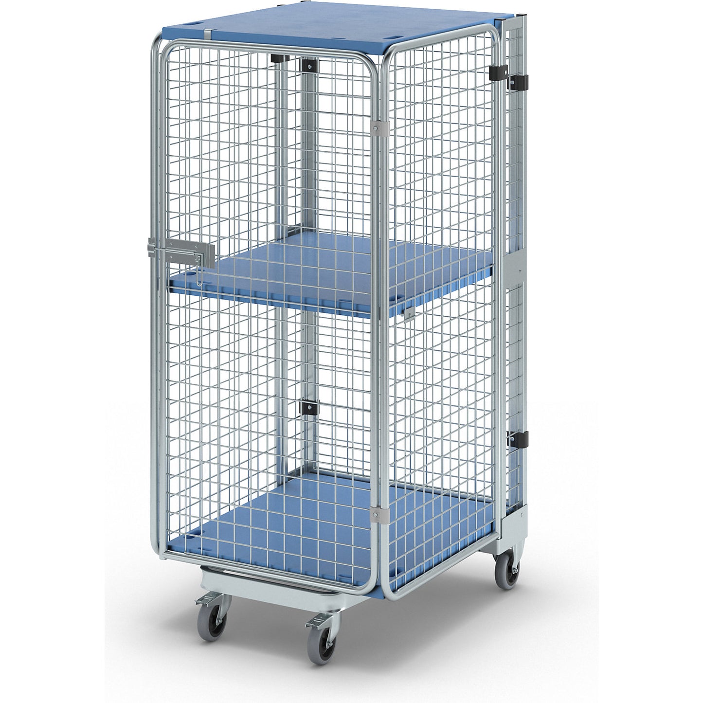 Roll container, theft proof, 5-sided, with plastic shelf and shelf, with rain protection.