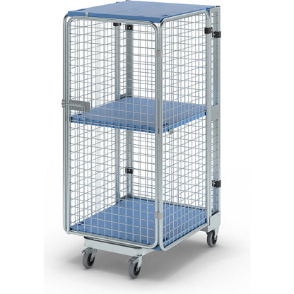 Roll container, theft proof, 5-sided, with plastic shelf and shelf, with rain protection.