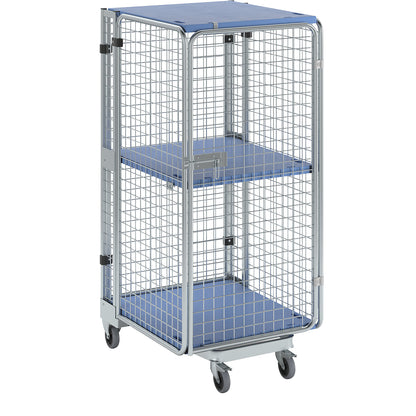 Roll container, theft proof, 5-sided, with plastic shelf and shelf, with rain protection.