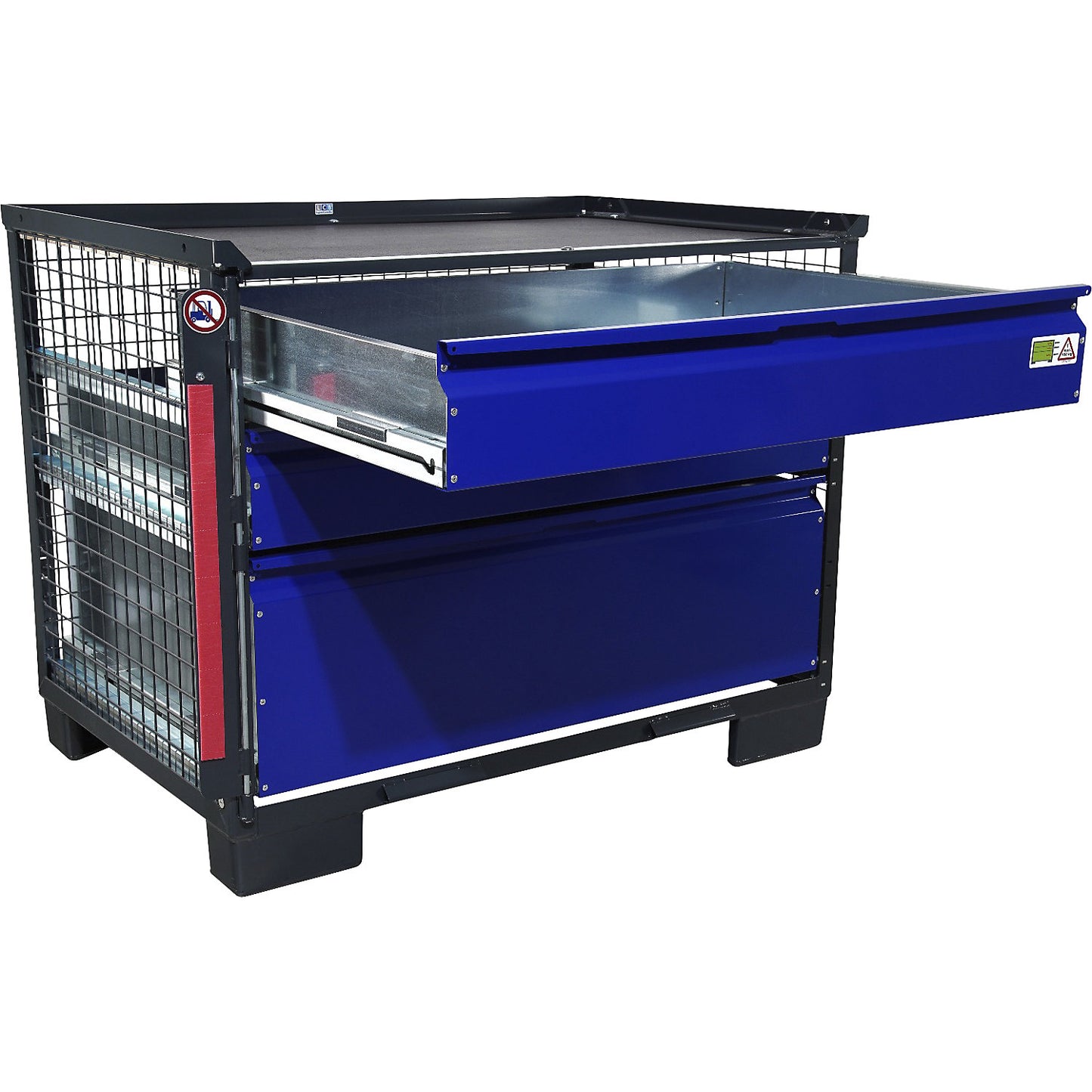 LCB mesh pallet, with 3 lockable drawers, made of zinc plated sheet metal, blue fronts.