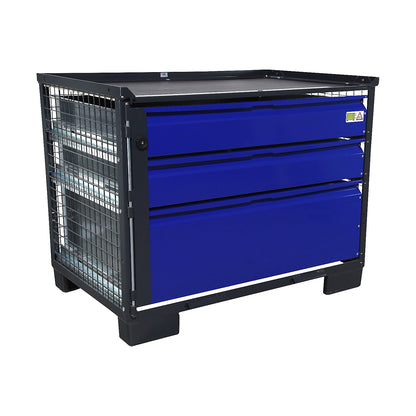 LCB mesh pallet, with 3 lockable drawers, made of zinc plated sheet metal, blue fronts.