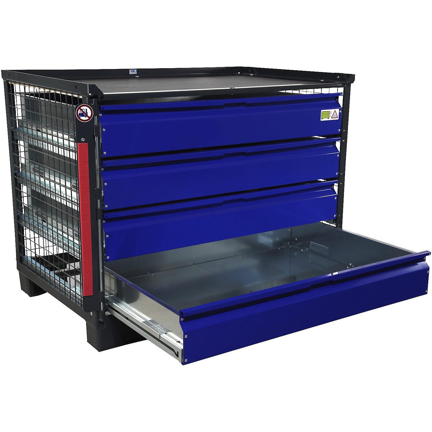 LCB mesh pallet, with 4 lockable drawers, made of zinc plated sheet metal, blue fronts.