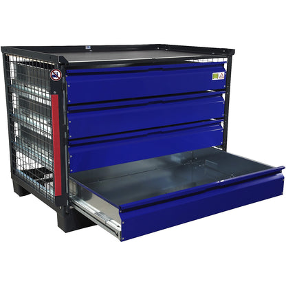 LCB mesh pallet, with 4 lockable drawers, made of zinc plated sheet metal, blue fronts.