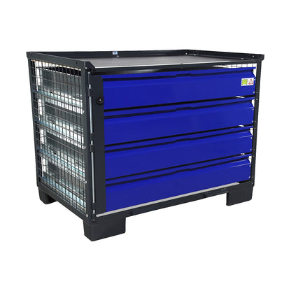 LCB mesh pallet, with 4 lockable drawers, made of zinc plated sheet metal, blue fronts.