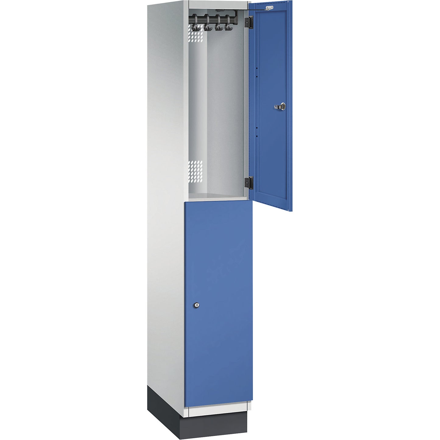 Cambio double deck locker, 1 compartment, body light grey / sheet steel door gentian blue, width 300 mm.