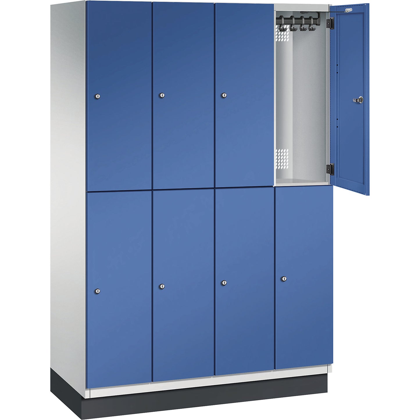 Cambio double deck locker, 4 compartments, body light grey / sheet steel door gentian blue, width 1200 mm.