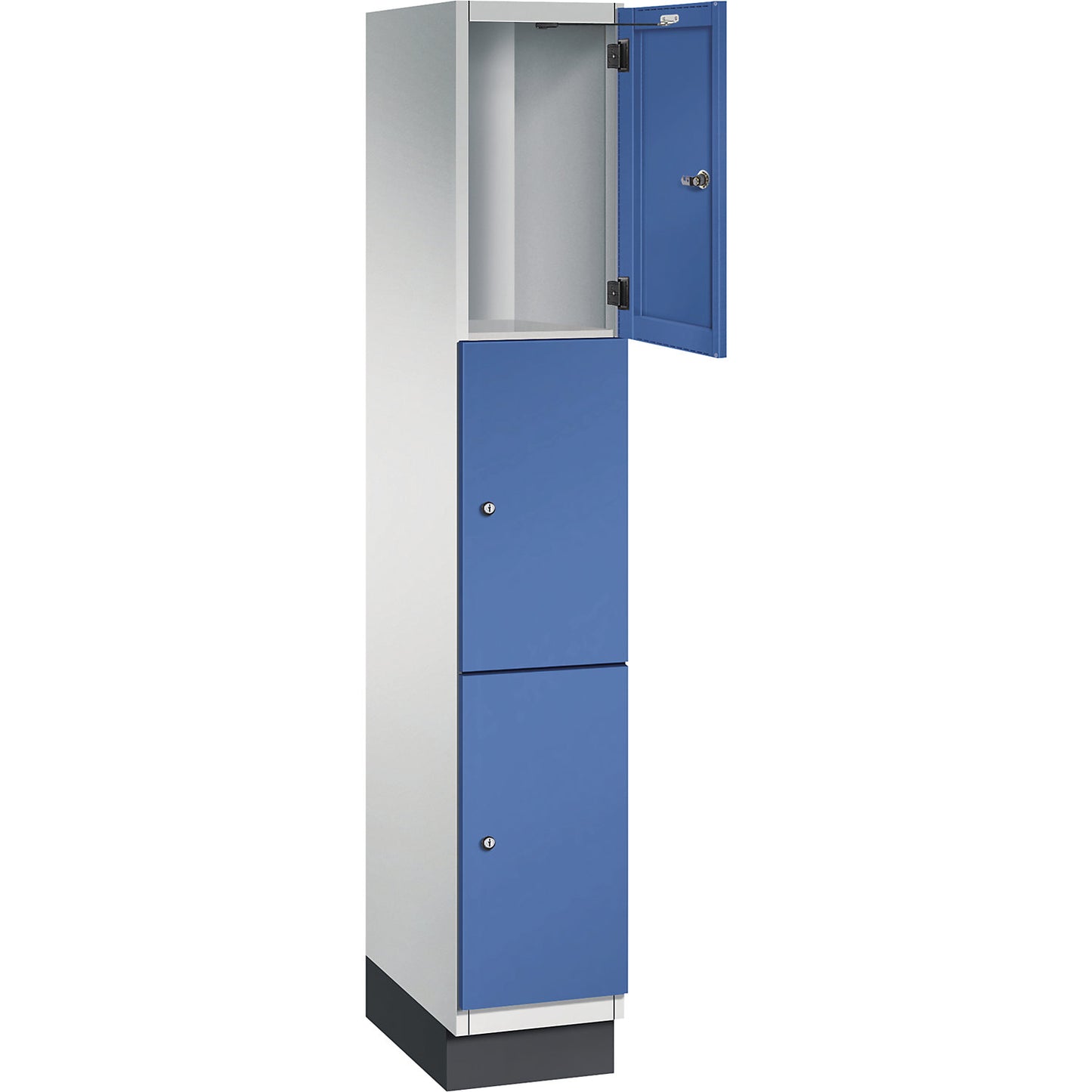 Cambio 3-fold compartment locker, 1 compartment, light grey / gentian blue, sheet steel door, W 300 mm, 3 compartments.