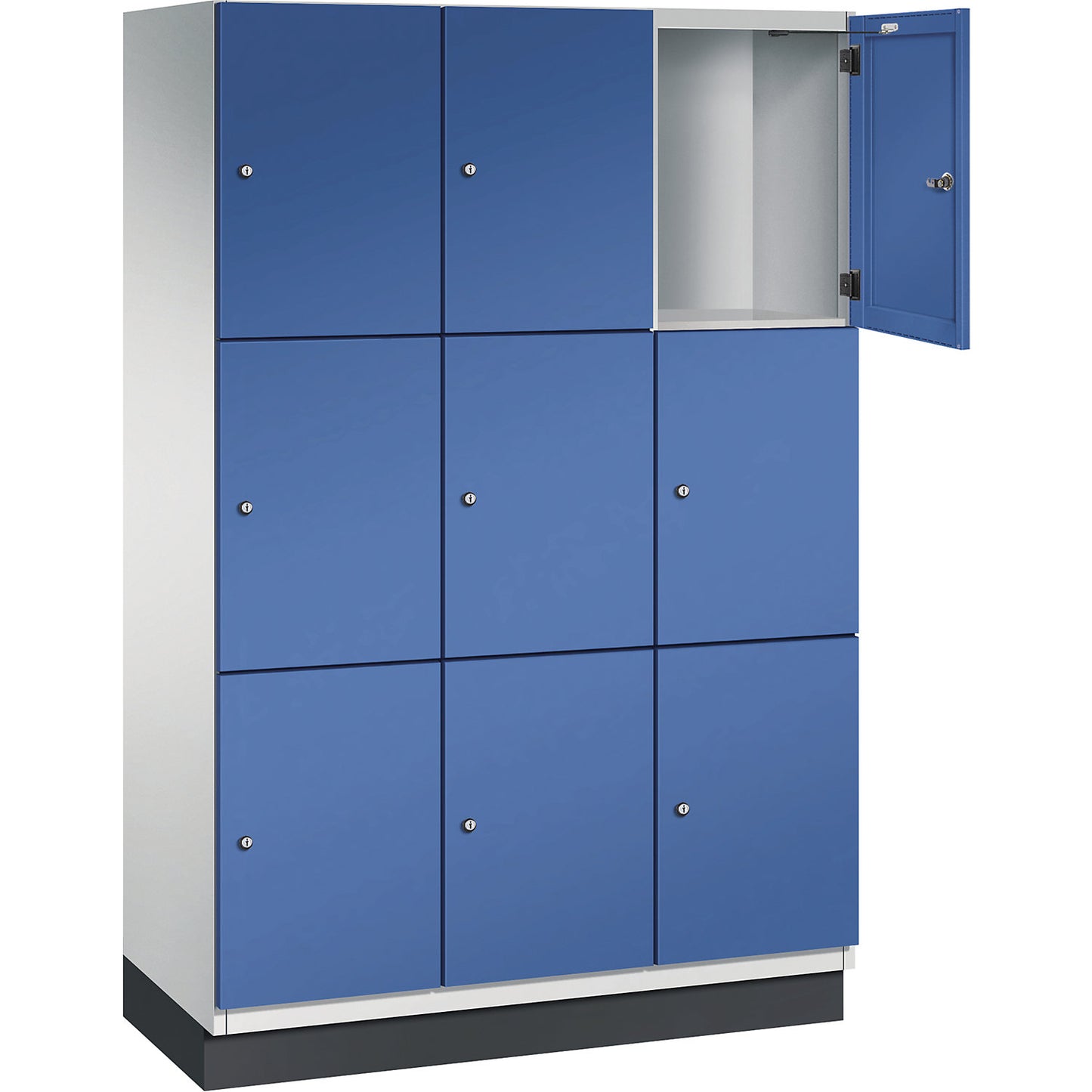 Cambio 3-fold compartment locker, 3 compartments, light grey / gentian blue, sheet steel door, W 1200 mm, 9 compartments.