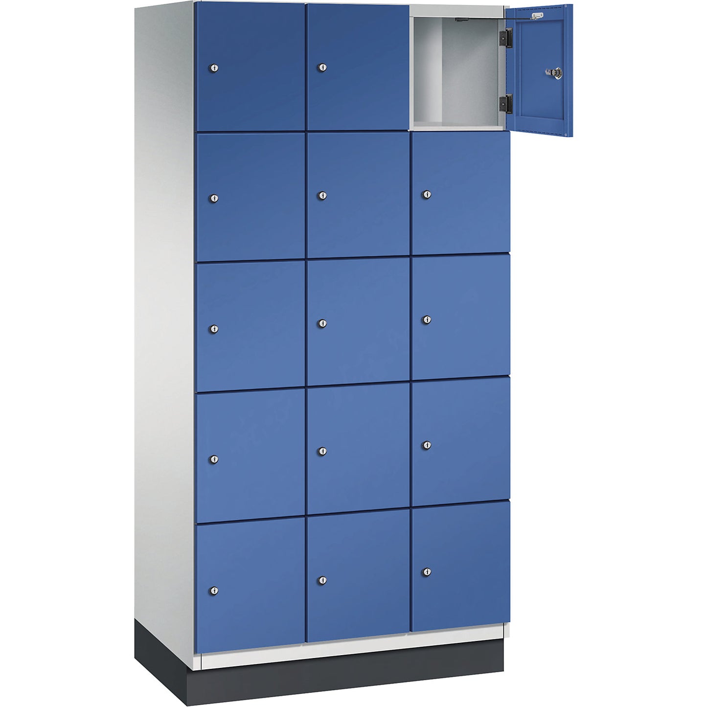 Cambio 5-fold compartment locker, 3 compartments, light grey / gentian blue, sheet steel door, W 900 mm, 15 compartments.
