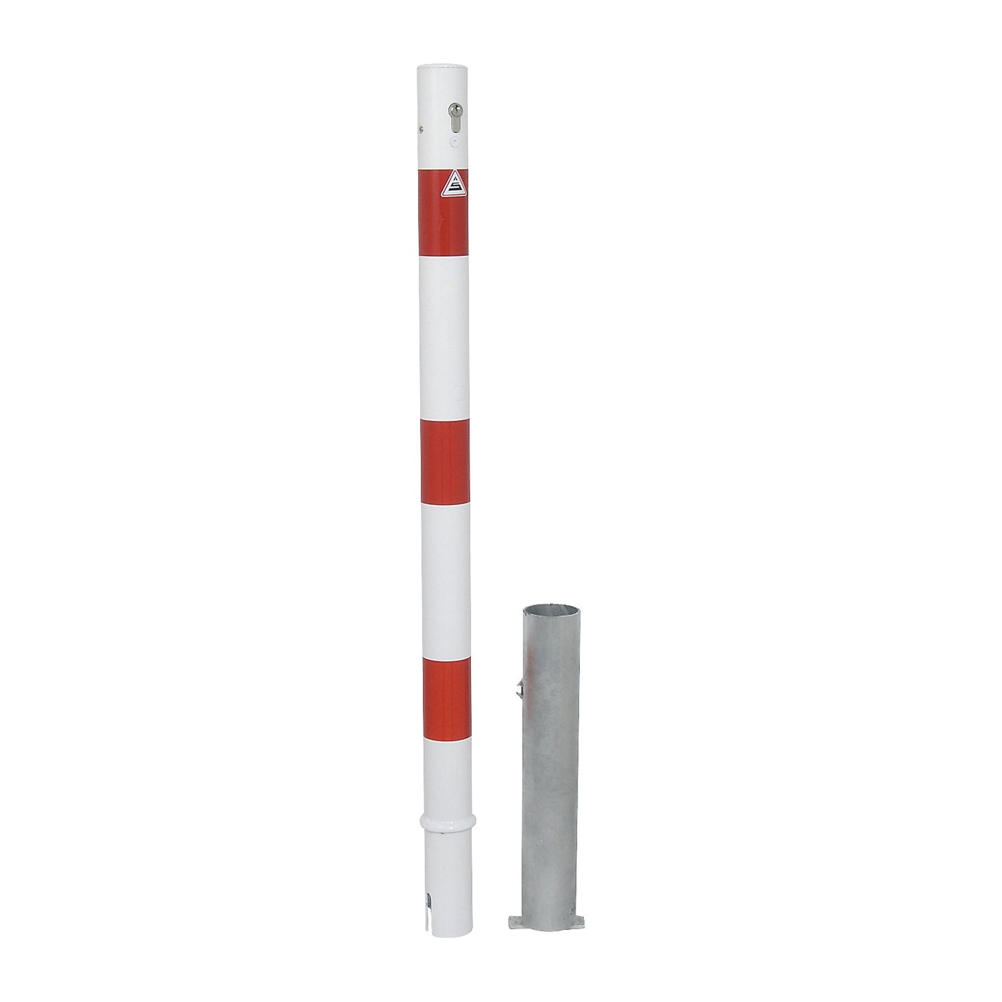 Barrier post, Ø 60 mm, white / red, removable with profile cylinder, without eyelet.