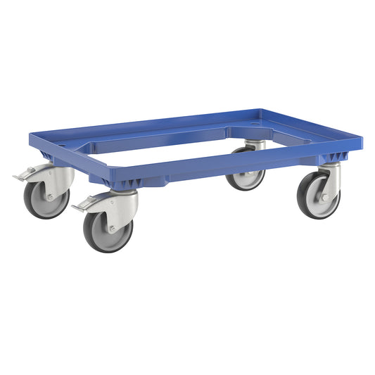 Professional wheeled base, 600 x 400 mm, 4 swivel castors, 2 with wheel stops, blue.