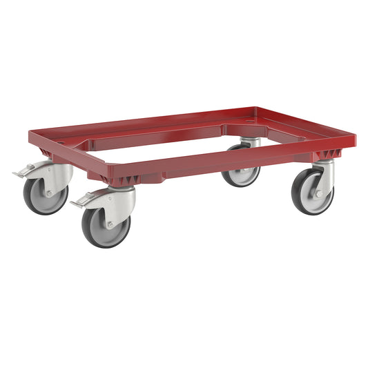 Professional wheeled base, 600 x 400 mm, 4 swivel castors, 2 with wheel stops, red.