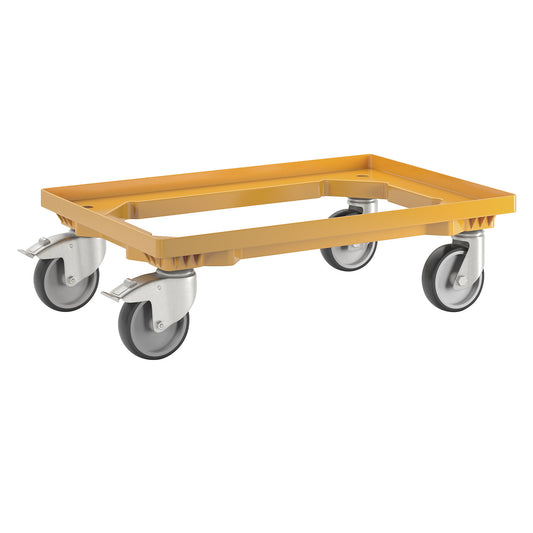 Professional wheeled base, 600 x 400 mm, 4 swivel castors, 2 with wheel stops, yellow.