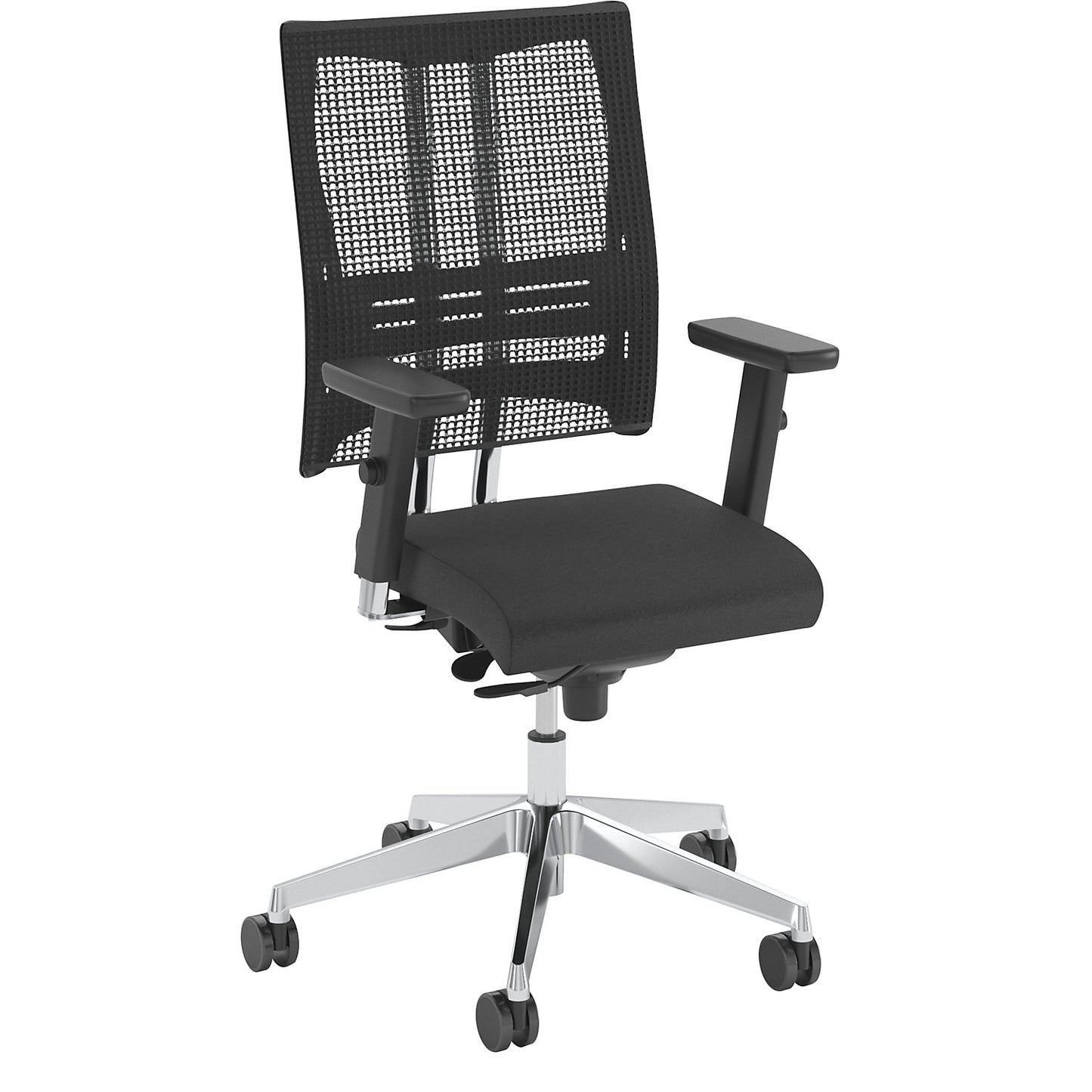 NET-MOTION office swivel chair, with mesh back rest and lumbar support, black back rest and seat, chrome plated frame.