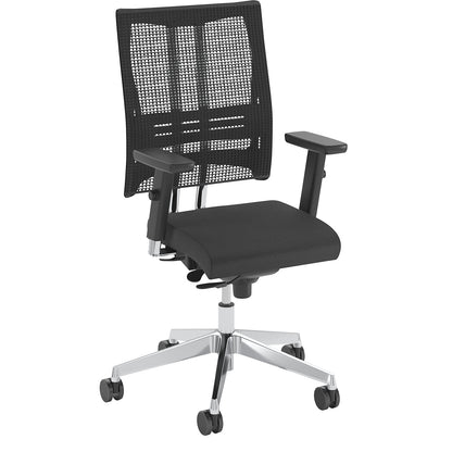 NET-MOTION office swivel chair, with mesh back rest and lumbar support, black back rest and seat, chrome plated frame.