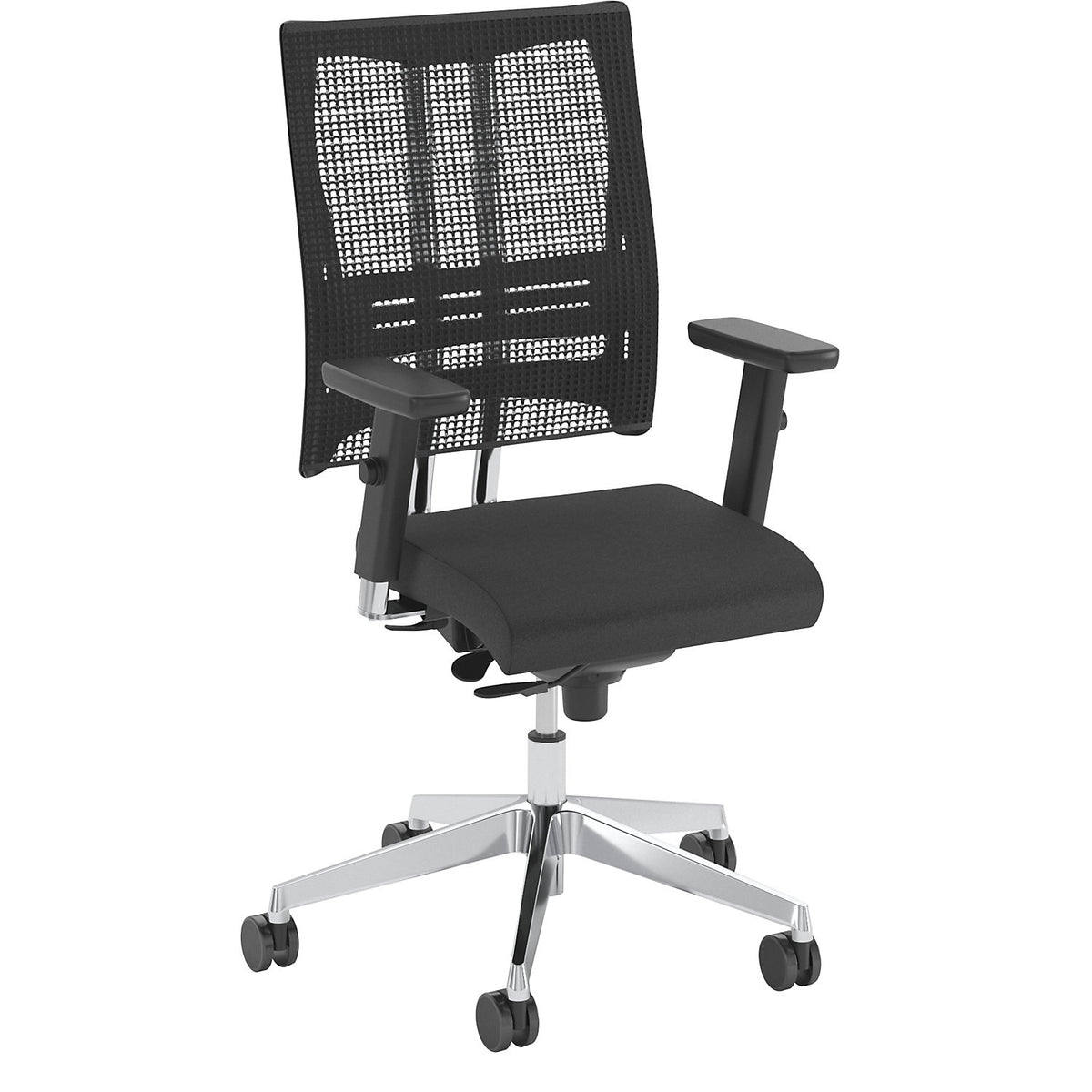 NET-motion office chair, with mesh back rest and lumbar support, black back rest and seat, chrome plated frame.