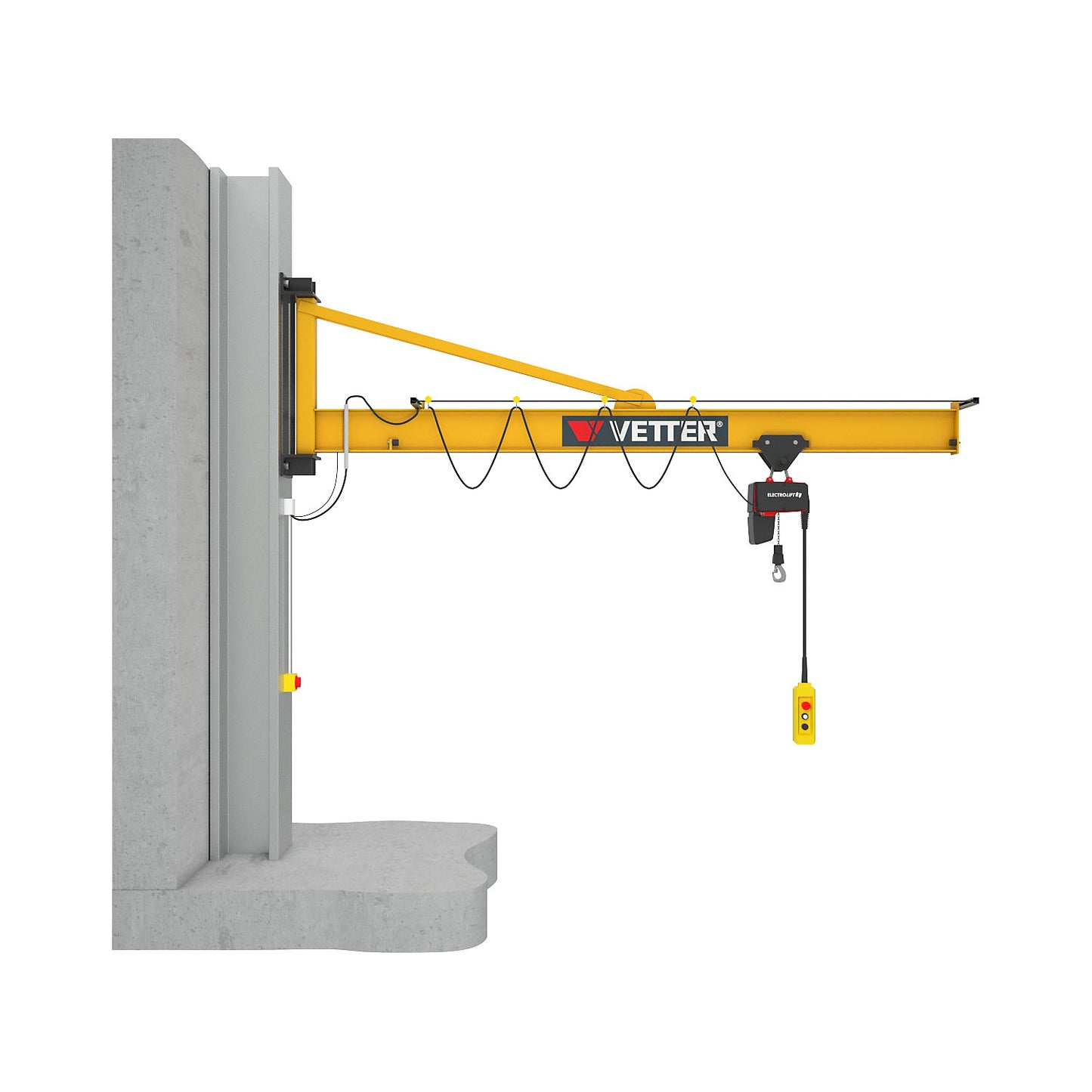 PRAKTIKUS PW wall mounted jib crane, with HF electric chain hoist, max. load 250 kg, reach 5 m, main and precise lifting 8/2 m/min.