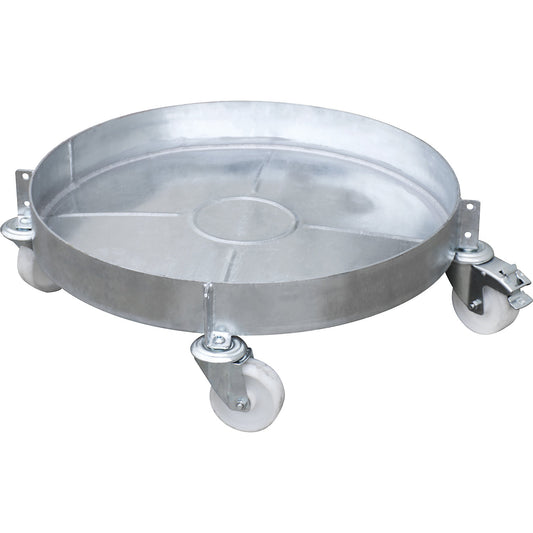 Drum roller, zinc plated, with tray, drums up to Ø 600 mm, loading height 209 mm.