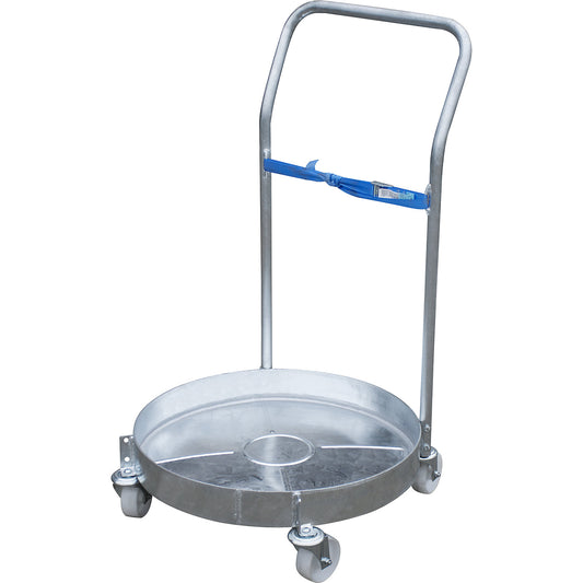 Drum roller, zinc plated, with tray and push handle, up to Ø 600 mm, loading height 209 mm.