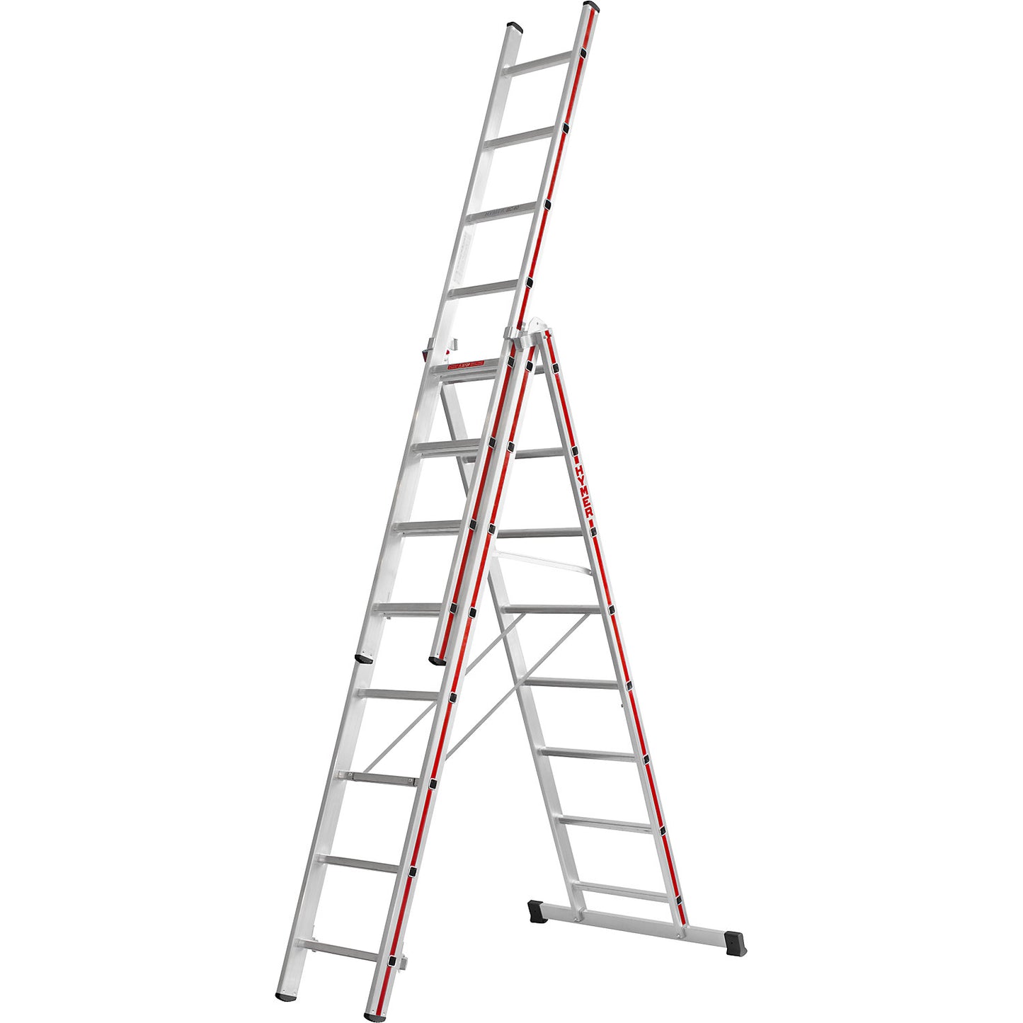 Aluminium multi-purpose ladder, trade model, 3 x 8 rungs, max. working height 6.29 m.