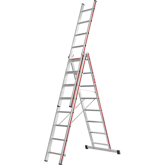 Aluminium multi-purpose ladder, trade model, 3 x 8 rungs, max. working height 6.29 m.