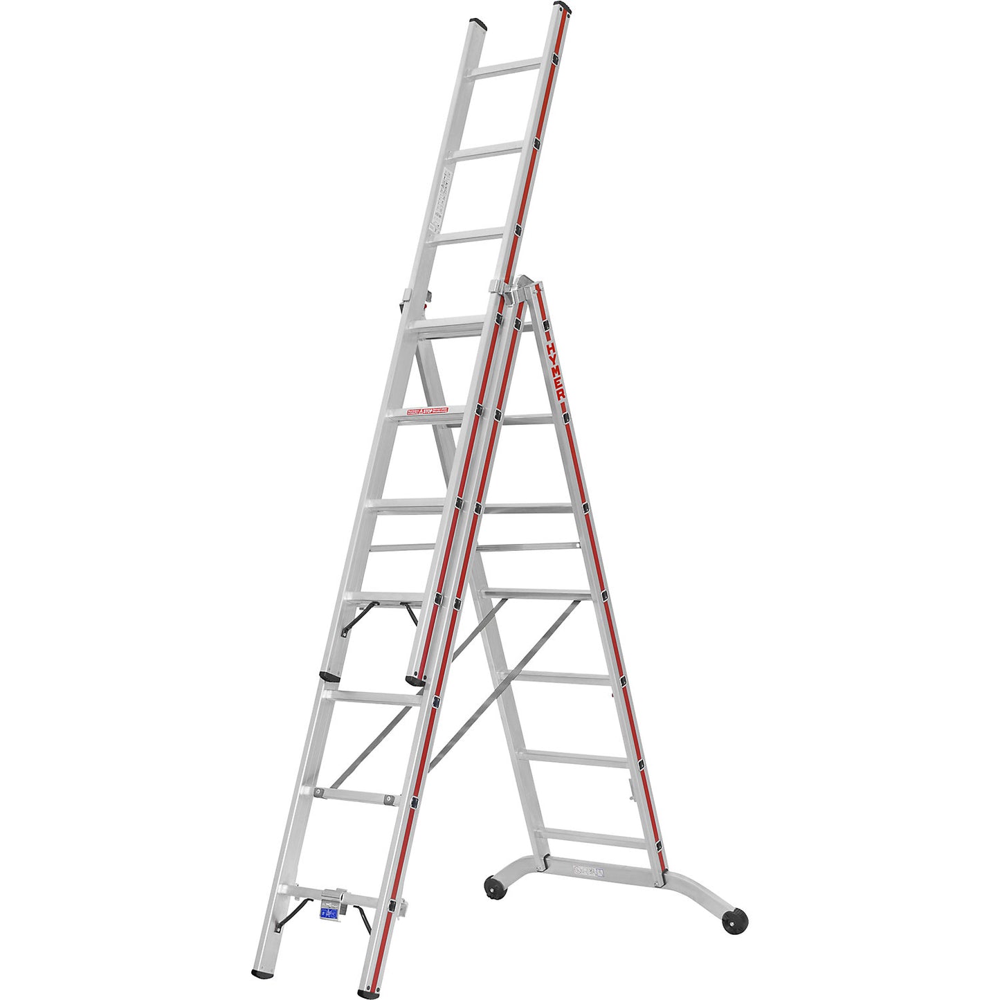 Aluminium multi-purpose ladder, industrial model, 3 x 7 rungs, max. working height 5.80 m.