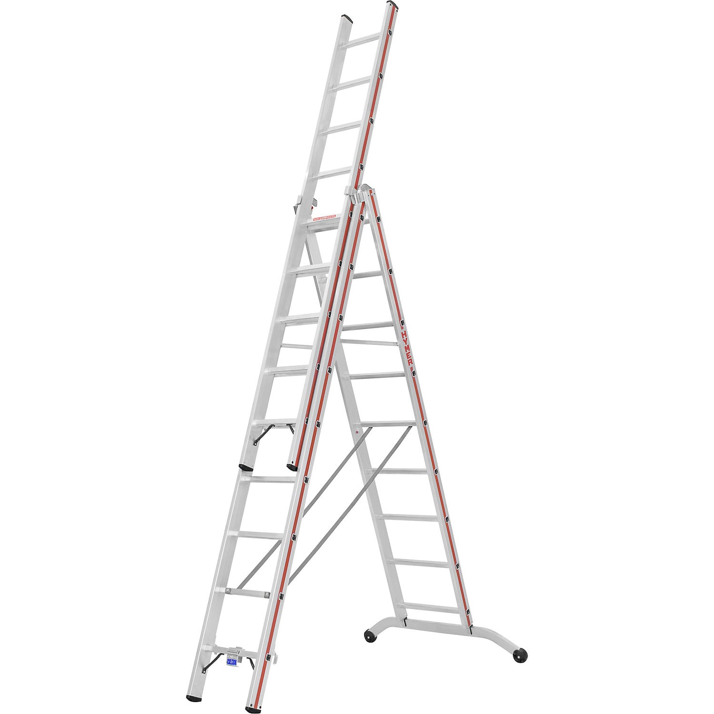 Aluminium multi-purpose ladder, industrial model, 3 x 9 rungs, max. working height 7.45 m.