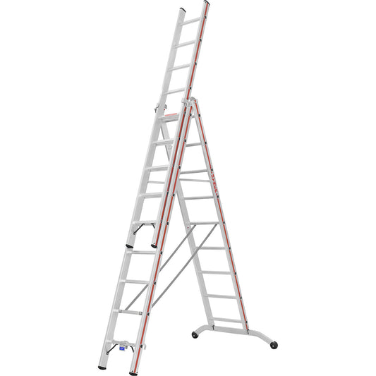 Aluminium multi-purpose ladder, industrial model, 3 x 9 rungs, max. working height 7.45 m.