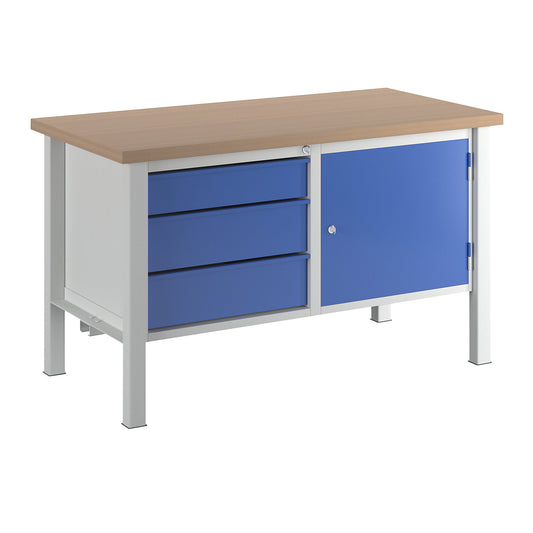 Workbench, width 1500 mm, 3 drawers 1 x 125 / 2 x 175 mm, 1 x 475 mm door, light grey / gentian blue.