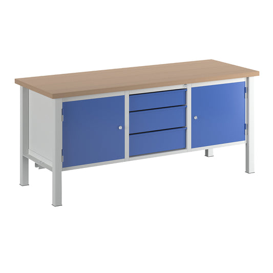 Workbench, width 2000 mm, 3 drawers 1 x 125 / 2 x 175 mm, 2 x 475 mm doors, light grey / gentian blue.