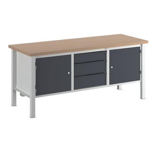 Workbench, width 2000 mm, 3 drawers 1 x 125 / 2 x 175 mm, 2 x 475 mm doors, light grey / charcoal.