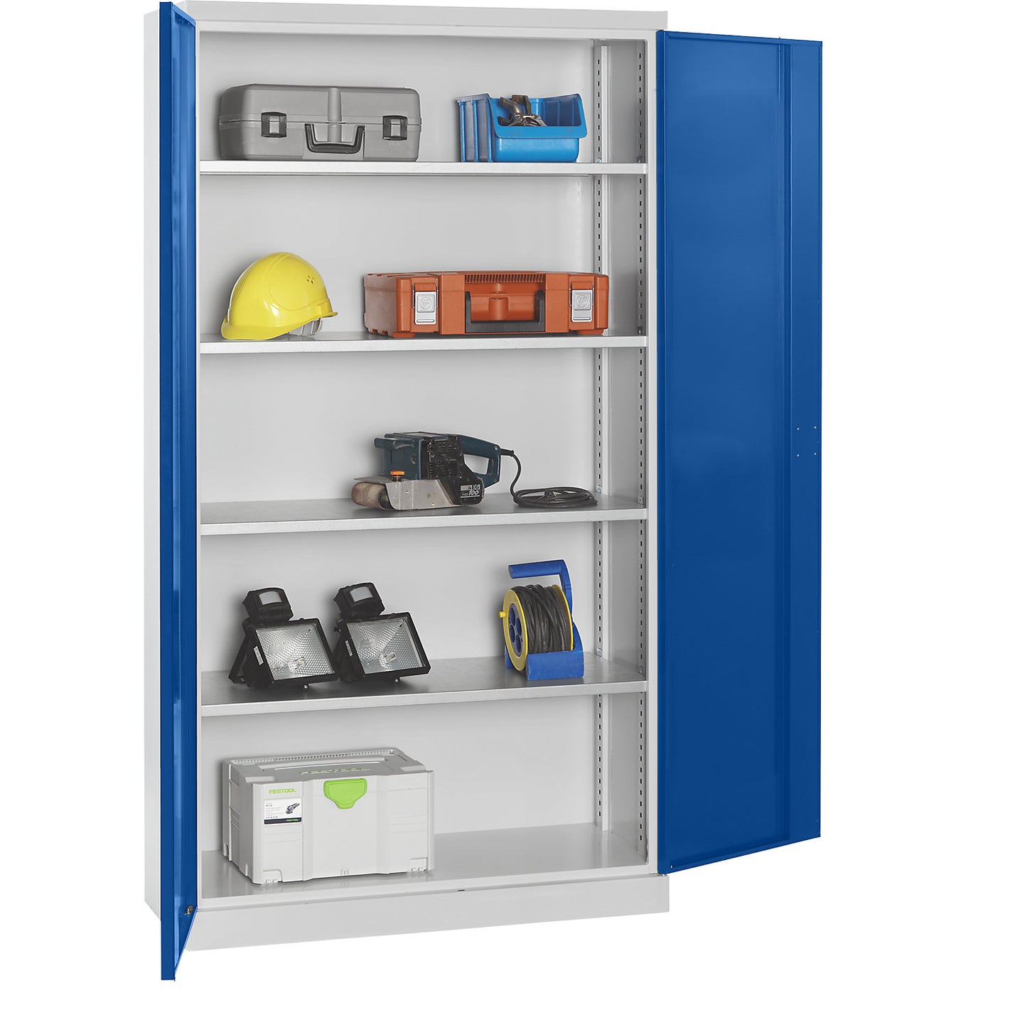 Storage cupboard, depth 450 mm, 4 shelves and solid panel doors, blue doors.