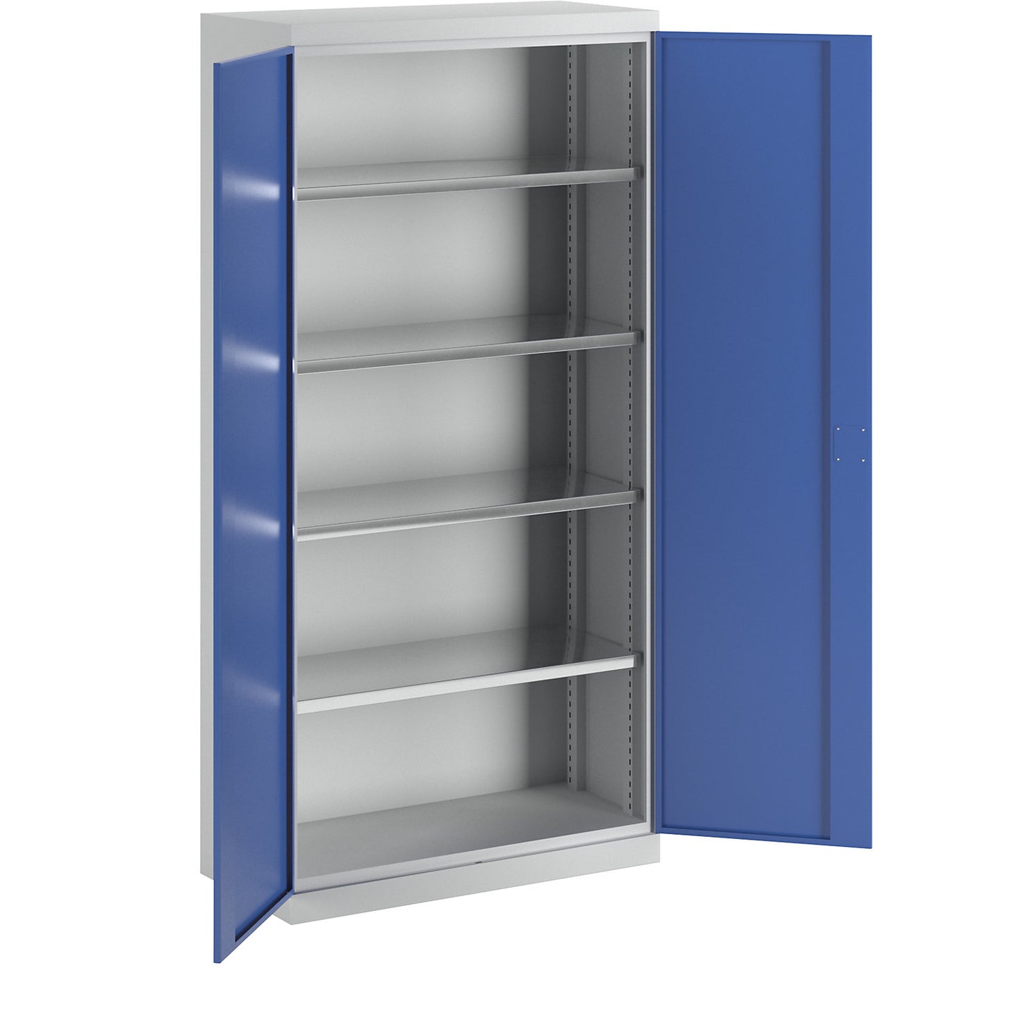 Storage cupboard, depth 450 mm, 4 shelves and solid panel doors, blue doors.