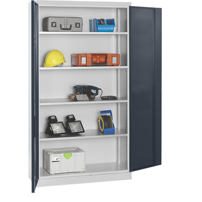 Storage cupboard, depth 450 mm, 4 shelves and solid panel doors, grey doors.